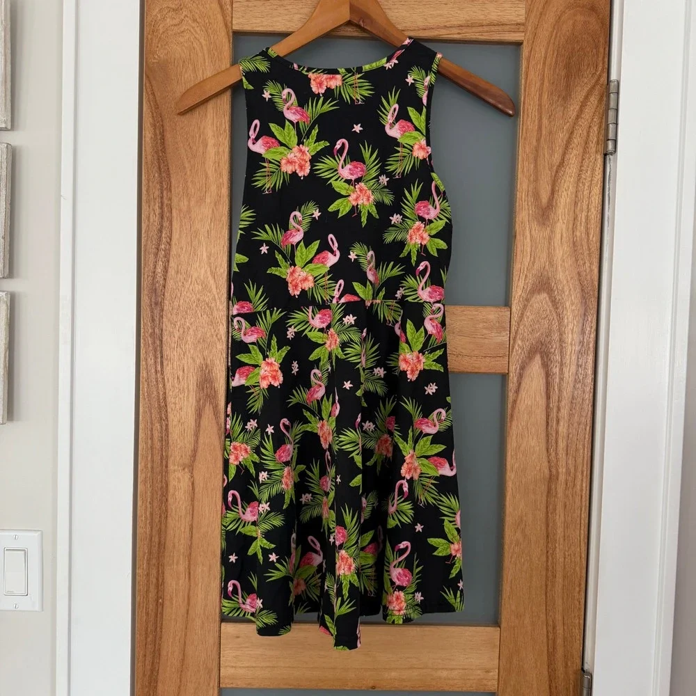 The Childrens Place Flamingo Tropical Floral Skater Black Dress Large 10/12 EUC - Picture 2 of 6